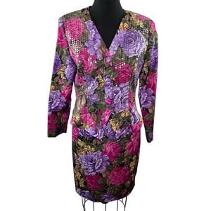 VTG 80s Pantagis Bold Pink Purple Floral Sequin Blazer Jacket Skirt Set USA 7-8